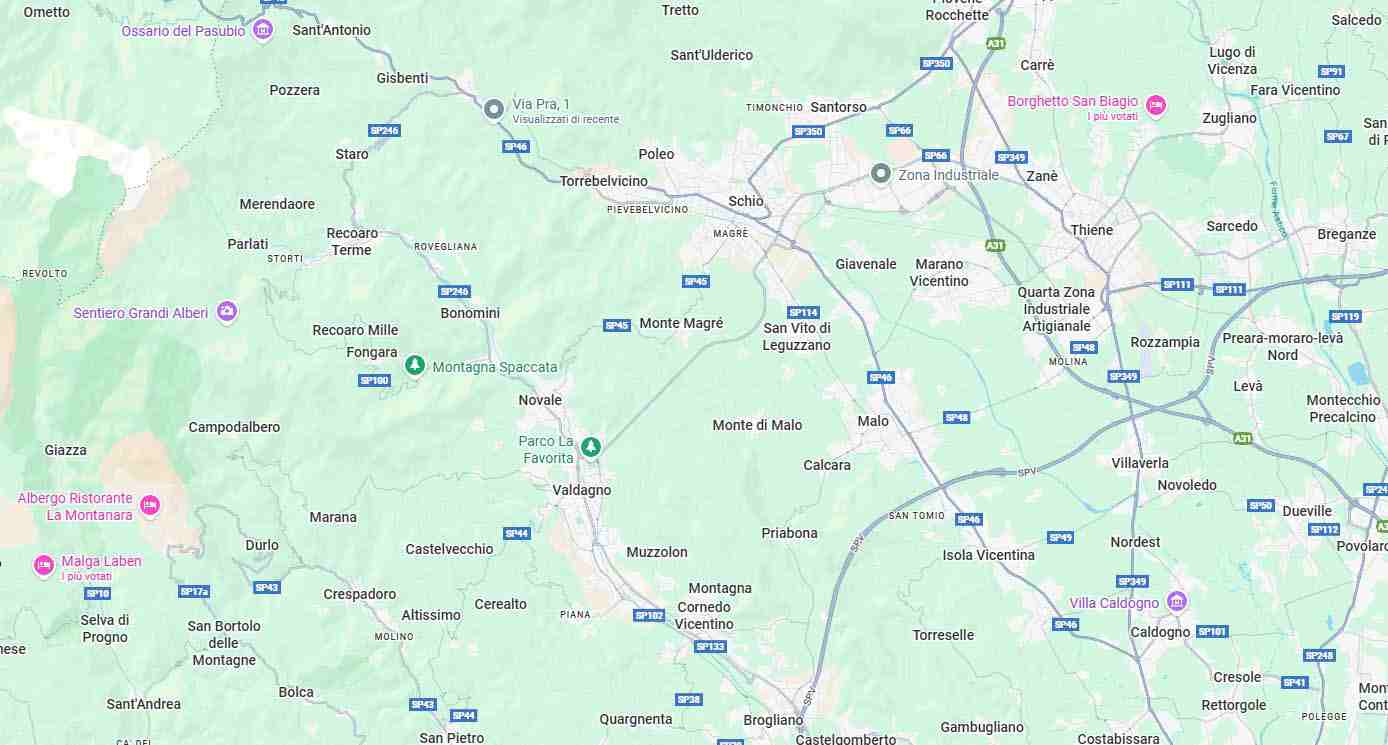 Mappa indicativa della zona di Valli del Pasubio in provincia di Vicenza